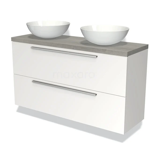 Weißes Doppelwaschmöbel mit grauer Betonoptik Platte, modernes Design, einschließlich zwei runden Aufsatzwaschbecken.