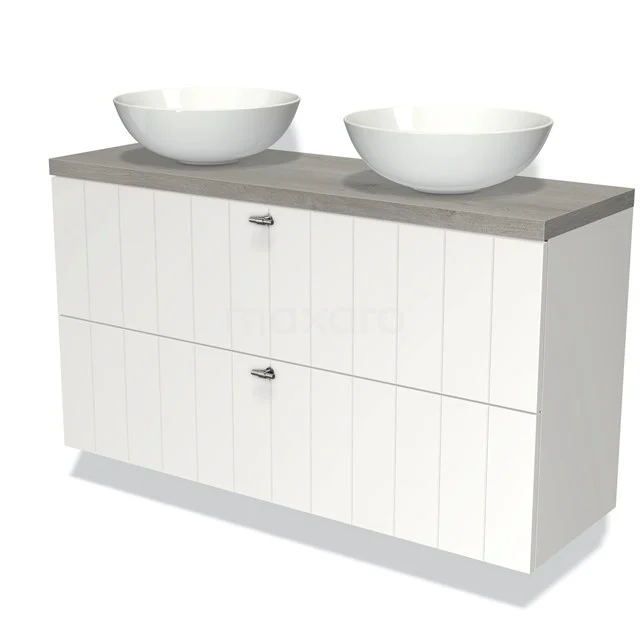 Weißes Badmöbel mit Holzlook Platte, doppelte Aufsatzwaschbecken und Schubladen, ideal als stilvolle Aufbewahrungslösung im modernen Badezimmer.