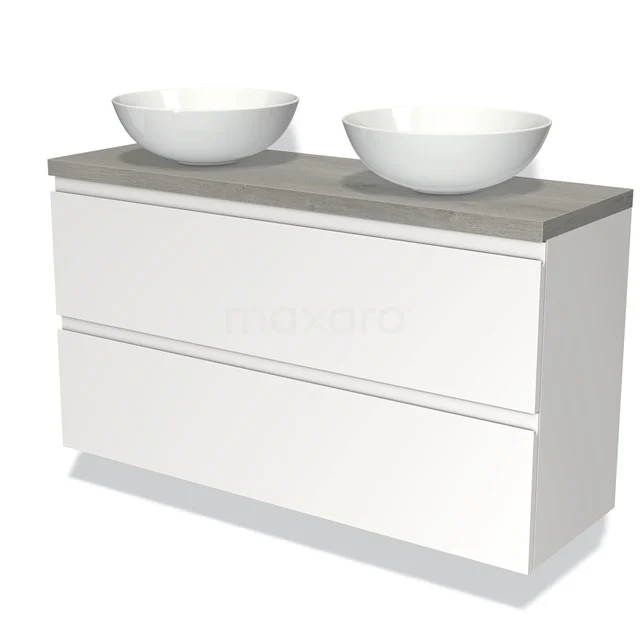 Moderne weiße Badmöbelset mit zwei keramischen Aufsatzwaschbecken und Holzoptik Platte, perfekt für ein stilvolles Badezimmer.