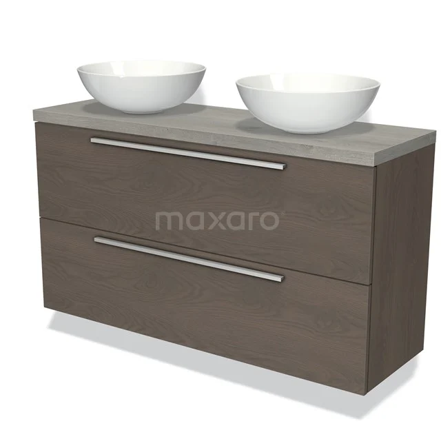 Modulo Plato Slim Badkamermeubel voor waskom | 120 cm Donkerbruin eiken Vlak front Grijs eiken blad 2 lades onder elkaar BMK37-02175