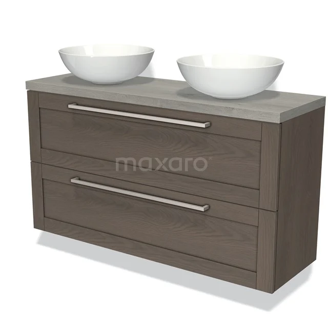 Wooden bathroom unit with double basin, modern look, dark Oak colour and sleek metal handles.