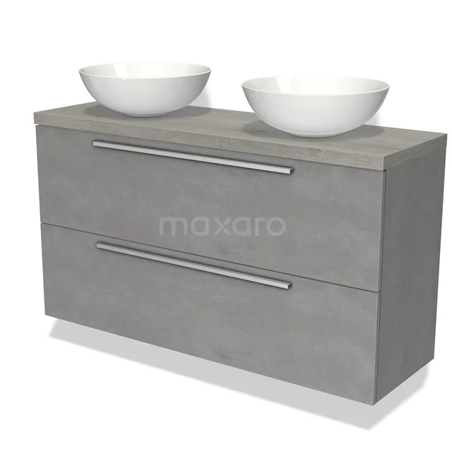 Graue Badmöbelset mit Betonlook, zwei Waschbecken und doppelten Schubladen für eine moderne und funktionale Badezimmergestaltung.