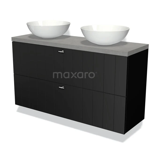 Modulo Plato Slim Vanity units for countertop basin | 120 cm Matte black Slat front Light grey concrete worktop 2 Stacked drawers BMK37-02180