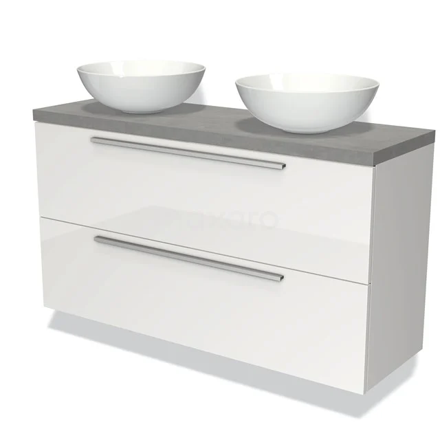 Waschtischunterschrank mit Konsole 120cm Modulo Plato Slim Hochglanz Weiß 2 Schubladen Flach BMK37-02185 Weißes Badezimmermöbel mit zwei keramischen runden Aufsatzwaschbecken und einer grauen Oberseite, modernes Design und schlichte Schubladen.