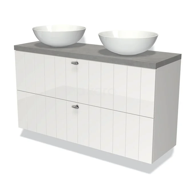 Weißes Doppelwaschbeckenmöbel mit grauer Oberseite, zwei runden Aufsatzwaschbecken und modernen Schubladen; ideal für ein stilvolles Badezimmer.