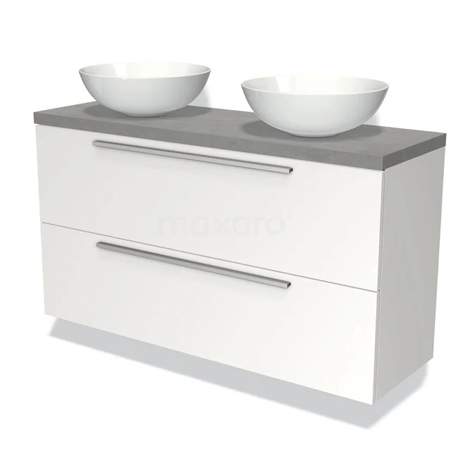 Badmöbel mit Konsole 120cm Modulo Plato Slim Matt Weiß 2 Schubladen Flach BMK37-02188 Weißes Badezimmermöbel mit zwei runden Waschbecken, grauer Platte und modernen Schubladen, ideal für stilvolle Badezimmerlagerung.