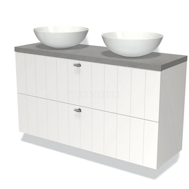 Weiße Badmöbelset mit Holzstruktur, doppelt grauer Platte und zwei runden Waschbecken, perfekt für ein modernes Badezimmer.