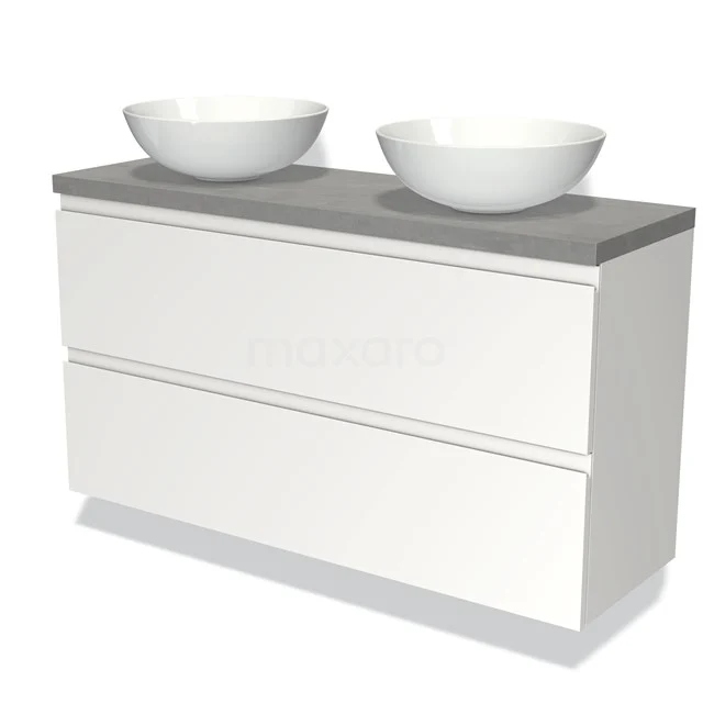 Badmöbel mit Konsole 120cm Modulo Plato Slim Matt Weiß 2 Schubladen Grifflos BMK37-02190 Weißes modernes Badmöbel mit zwei runden Aufsatzwaschbecken und grauer Platte, elegantes Design geeignet für zeitgemäße Bäder.