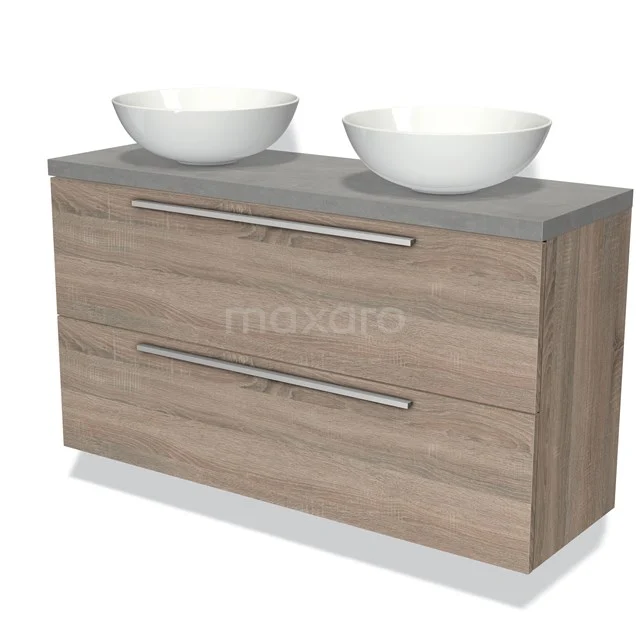 Holz Badezimmermöbel mit Holzoptik, doppelte runde Aufsatzwaschbecken, Grau Platte und metallische Haltegriffe; stilvolles und praktisches Design.