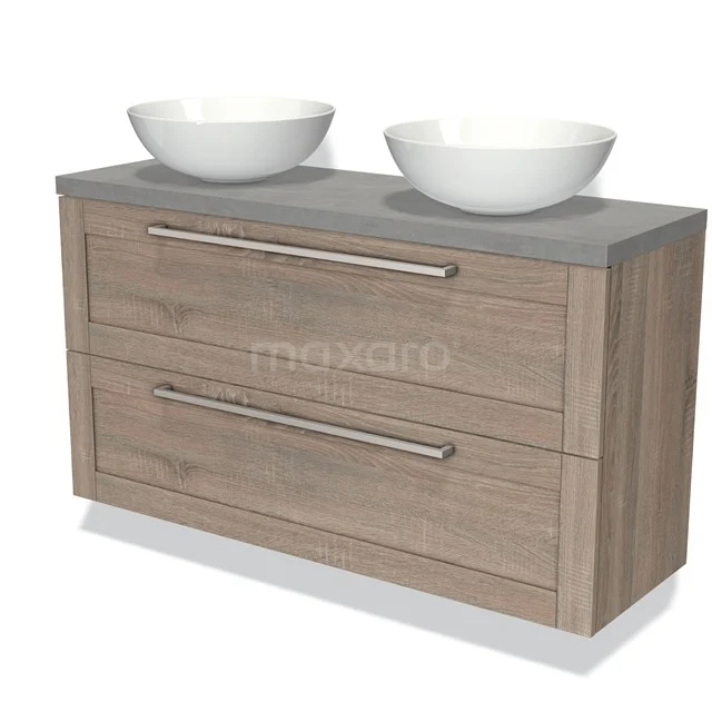 Wooden bathroom unit with two white countertop wash basins, grey concrete worktop and metal handles; modern design for stylish bathrooms.