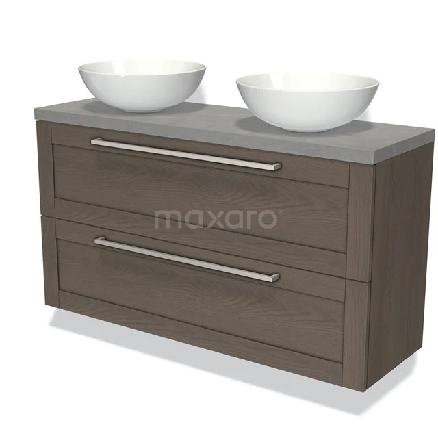 Modulo Plato Slim Vanity units for countertop basin | 120 cm Dark brown oak Bordered front Light grey concrete worktop 2 Stacked drawers BMK37-02206 Wooden bathroom unit with two white, round countertop wash basins and grey top, fitted with silver handles.