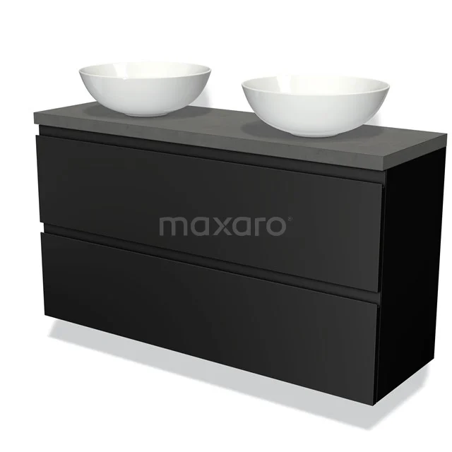 Modulo Plato Slim Vanity units for countertop basin | 120 cm Matte black Handle-less front Dark grey concrete worktop 2 Stacked drawers BMK37-02212