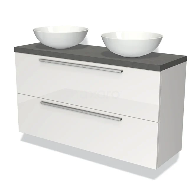 Weißer Badschrank mit Doppelwaschbecken, Holzoptik Platte und modernen chromfarbenen Haltegriffen, geeignet für ein stilvolles Badezimmer.