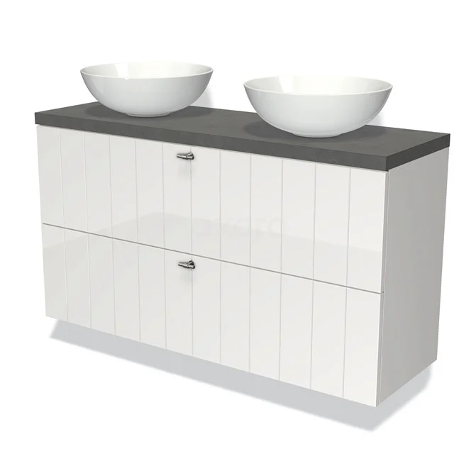 Weißes Badmöbel mit doppelten Aufsatzwaschbecken, grauer Holzplatte und modernem Erscheinungsbild, perfekt für ein stilvolles Badezimmer.