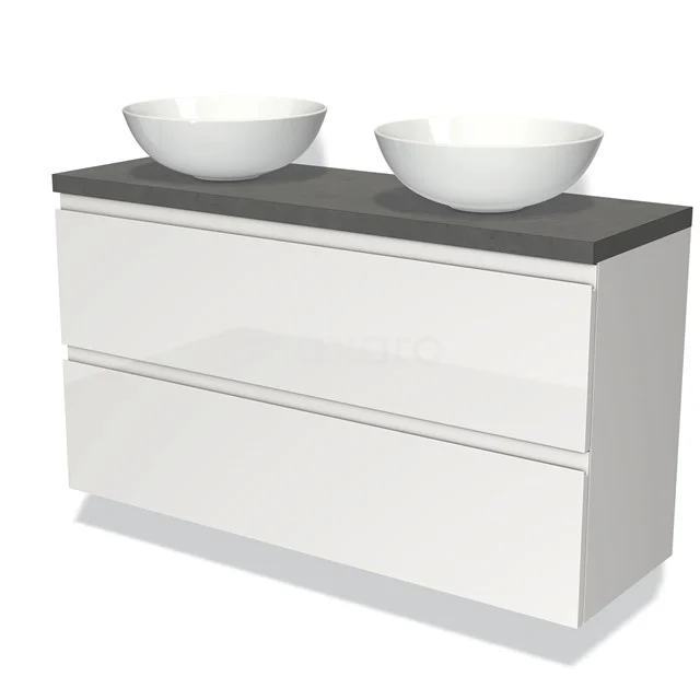 Weißes Badezimmermöbel mit grauer Holzplatte und zwei runden Aufsatzwaschbecken, moderner Stil, perfekt für jedes Badezimmer.