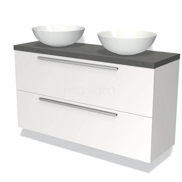 Weißes Badmöbel mit zwei keramischen Waschbecken, grauer Holzplatte und modernen Schubladen für eine stilvolle und praktische Einrichtung.