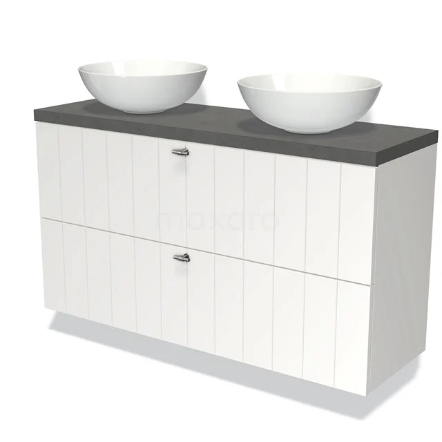 Weißes Badezimmermöbel mit Holzmaserung, Doppelwaschbecken und Dunkelgrau Platte; modernes Design für stilvolle Badezimmergestaltung.