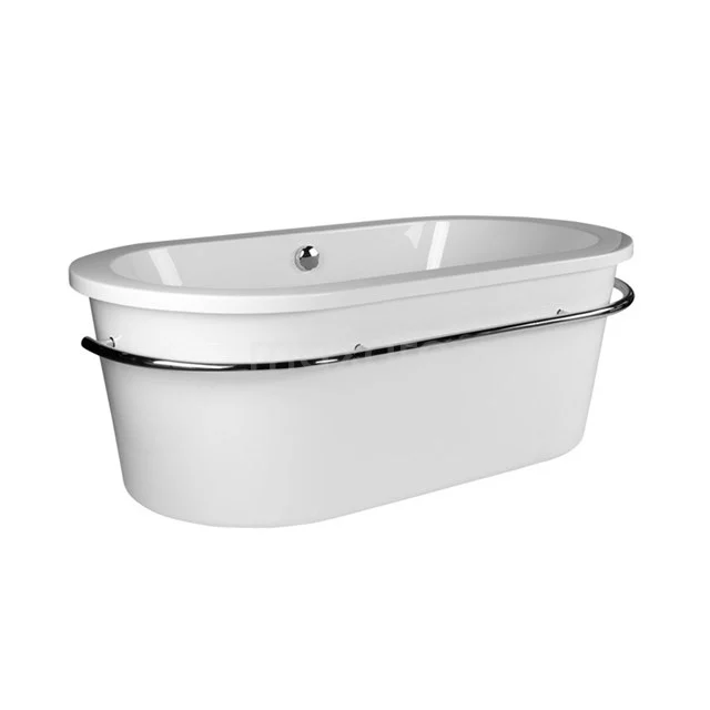 Freestanding Bath 175x90cm Acrylic Gloss White VSA30 Freestanding white bath with rounded corners, black towel rail, modern design, ideal for a stylish bathroom.