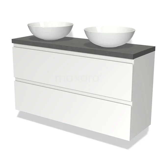 Weißes Badezimmermöbel mit doppeltem Aufsatzwaschbecken, grauer Platte und minimalistischem Design; ideal für moderne Bäder.