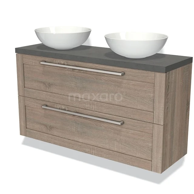 Wooden bathroom unit with two white, round countertop wash basins on a dark grey worktop, modern design with drawers and metal handles.