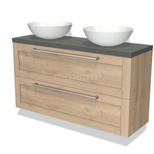 Wooden bathroom unit with two white ceramic countertop wash basins, grey stone worktop and metal handles, ideal for modern bathrooms.