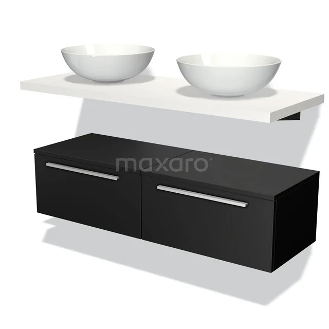 Black floating bathroom unit with two white top washbasins, sleek design and metal handles.