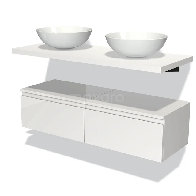 White bathroom furniture set with two round countertop wash basins, floating design and handleless drawers, ideal for modern bathrooms.
