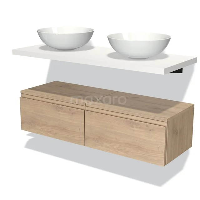 Houten badkamermeubel met twee witte waskommen, zwevend ontwerp, natuurlijke afwerking, ideaal voor moderne badkamers.
