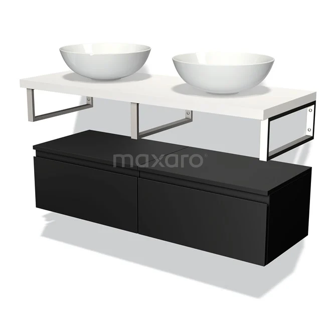 Black and white bathroom unit with double ceramic basin design, floating with metal supports, sleek and modern.