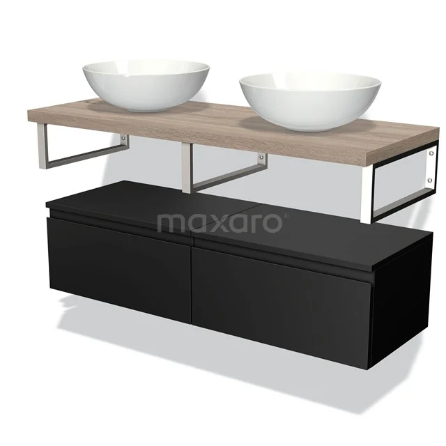 Zwart badkamermeubel met houten blad, dubbele wastafel en moderne metalen frames, ideaal voor een stijlvolle badkamer.