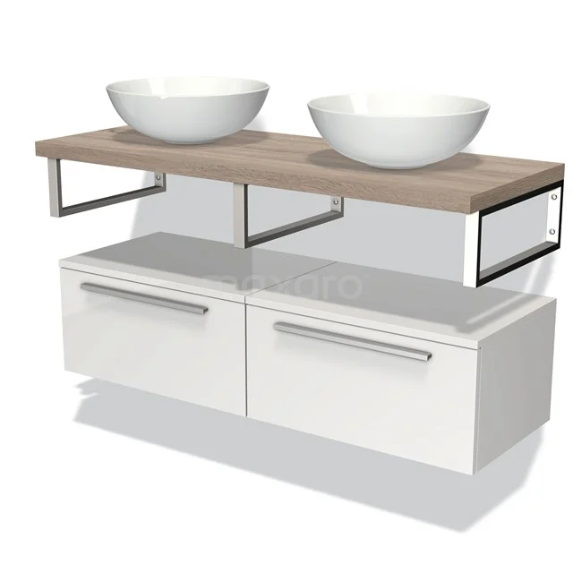 Modulo Plato Badmöbel mit Aufsatzwaschbecken | 160 cm Hochglanz Weiß Flach front Eiche blatt Tief hängend BMK32-00669 Waschtisch mit doppelten weißen Aufsatzwaschbecken, Holzplatte und weißen Schubladen, ideal für moderne Badezimmergestaltung.