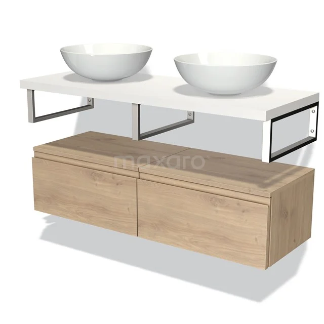 Moderne houten badkamermeubelset met twee witte wastafelkommen, metalen steunen en een minimalistisch design.