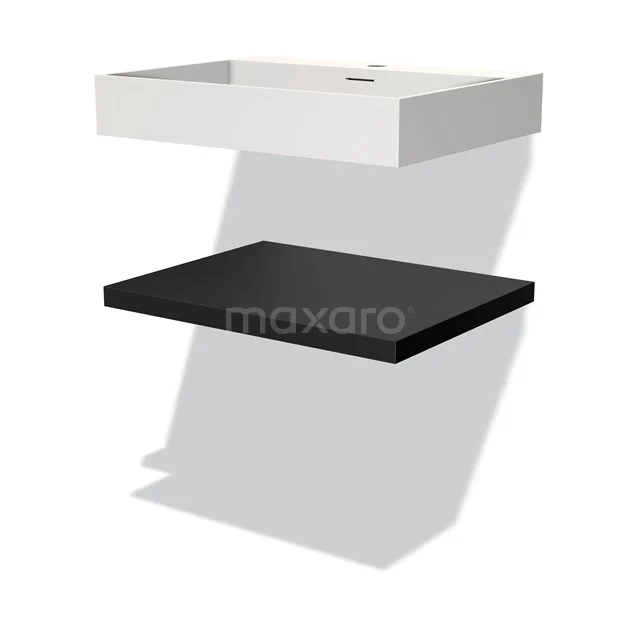 Modulo Bathroom furniture with sink | 60 cm Matte black front Solid surface Basin with worktop BMW10-00043 White rectangular basin worktop with black lower shelf, sleek design, ideal for a modern bathroom style.