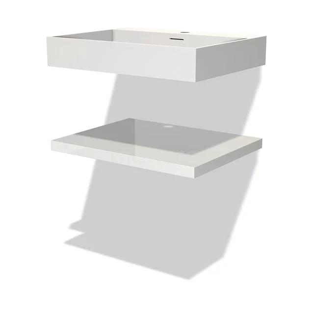 Badmöbel 60 cm Modulo Hochglanz Weiß 1 Waschbecken Waschbeckenplatte Solid Surface BMW10-00045 Weiße schwebende Waschbecken mit integrierter Ablage, modernes Design, ideal für minimalistische Badezimmergestaltung.