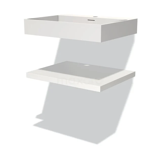 Weißes schwebendes Badmöbel mit klaren Linien, modernem Design und integriertem Waschbecken aus Keramik.