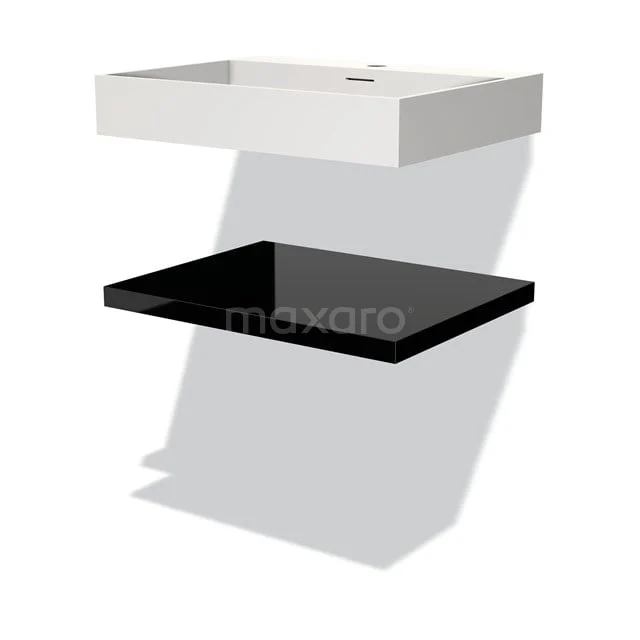 Weiße rechteckige Waschbecken mit eingebautem schwarzen Regal, ideal für eine moderne Badezimmer Einrichtung.