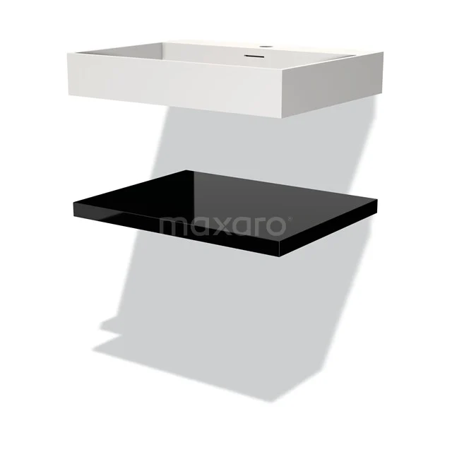 Weiße rechteckige Waschbecken mit eingebautem schwarzen Regal, ideal für eine moderne Badezimmer Einrichtung.