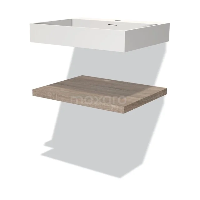 White ceramic basin with oak shelf in modern style, ideal for a stylish bathroom.