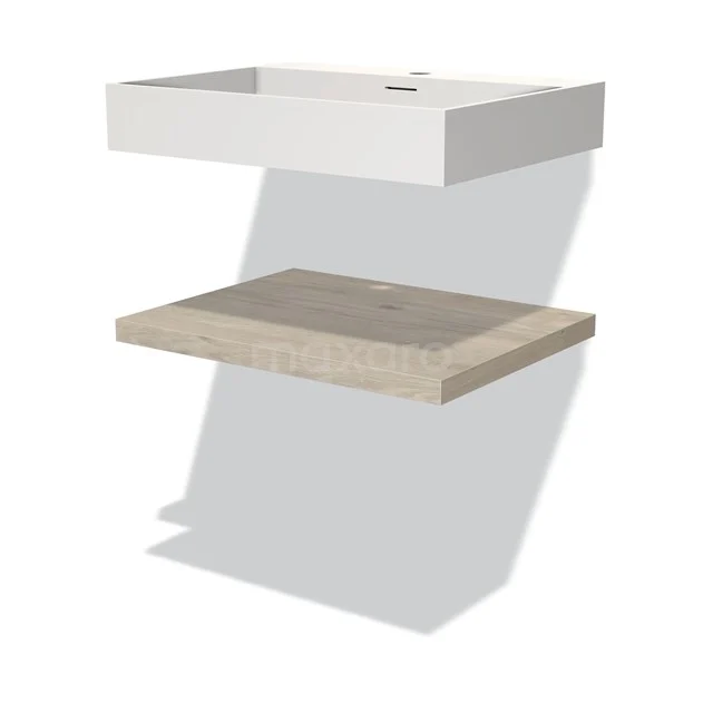 Weißes rechteckiges Waschtischmöbel mit Holzregal, modernes Design, geeignet für das Badezimmer, minimalistische Ausstrahlung.