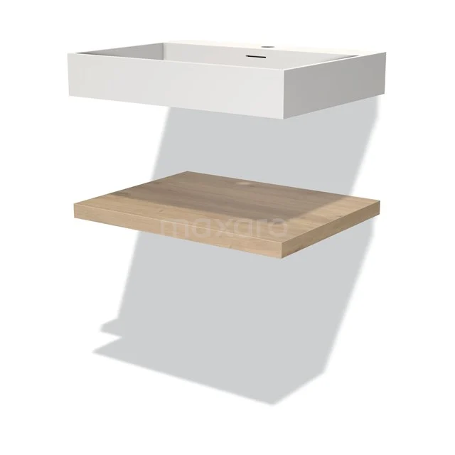 Weißes rechteckiges Waschtischmöbel mit Eichenholzplatte, modernes Design, ideal für eine stilvolle Badezimmergestaltung.