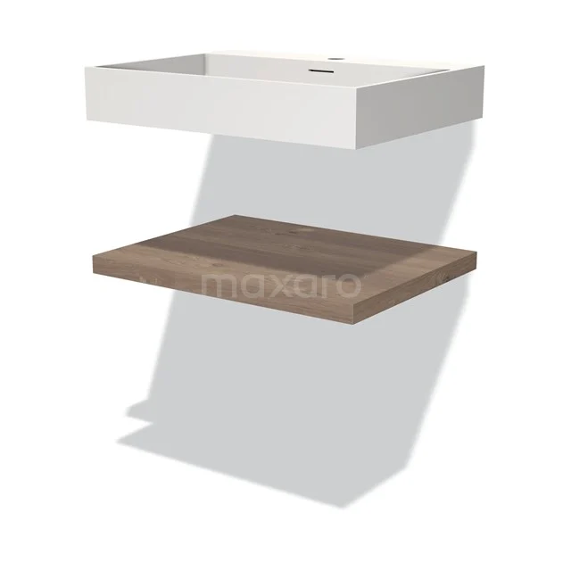 Waschbecken mit weißem keramischen Aufsatzwaschbecken und schwebender Holzplatte, modernes Badezimmerdesign.