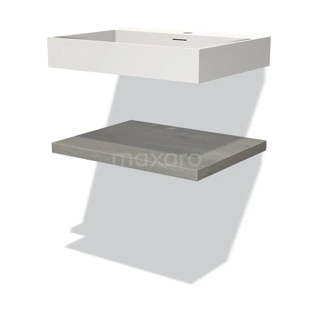 Badmöbel 60 cm Modulo Graue Eiche 1 Waschbecken Top Waschbecken Solid Surface BMW10-00054 Weiße keramische Waschbecken mit grauer Platte im modernen Badezimmerstil, ideal für eine klare und funktionale Badezimmergestaltung.