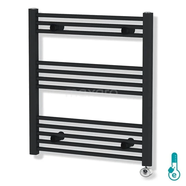Black designer towel radiator with horizontal slats, ideal for modern bathrooms, made of durable steel.