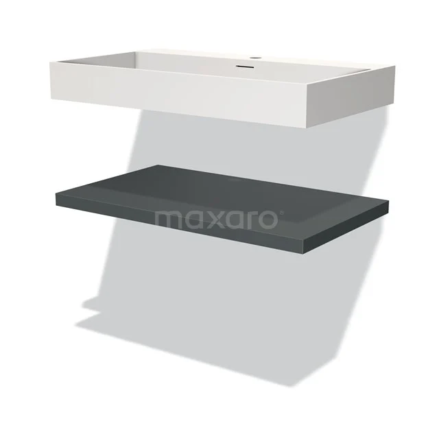 White ceramic bathroom unit with integrated vanity units with basin and anthracite shelf, modern and floating design.