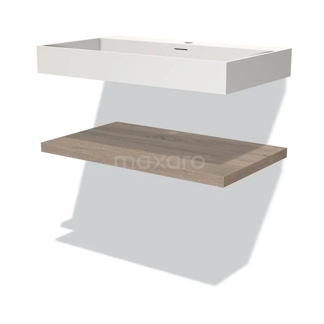 Weiße rechteckige Waschbecken mit massiver Holzplatte, ideal für eine moderne Badezimmergestaltung.