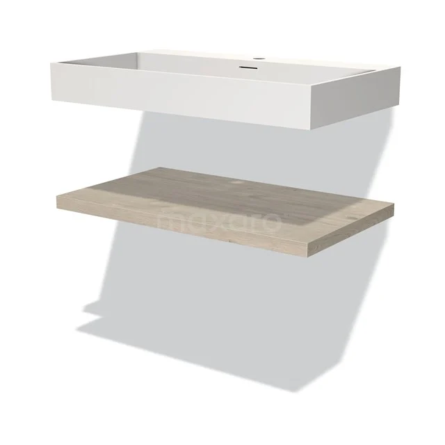 White ceramic basin worktop with oak shelf, modern floating design, ideal for stylish bathroom fittings.