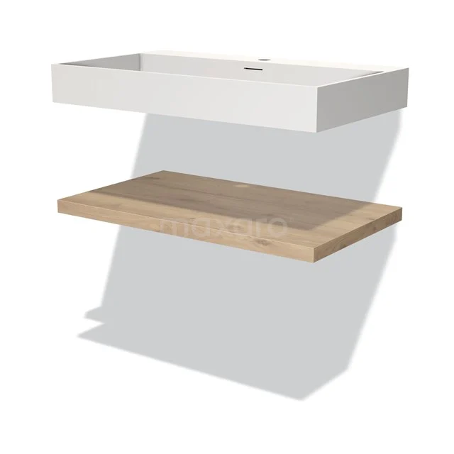 White rectangular basin worktop with integrated tap hole, floating wooden shelf underneath, ideal for modern bathroom design.