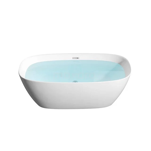 Free-standing white bathtub with rounded corners, filled with water, ideal for a modern bathroom.