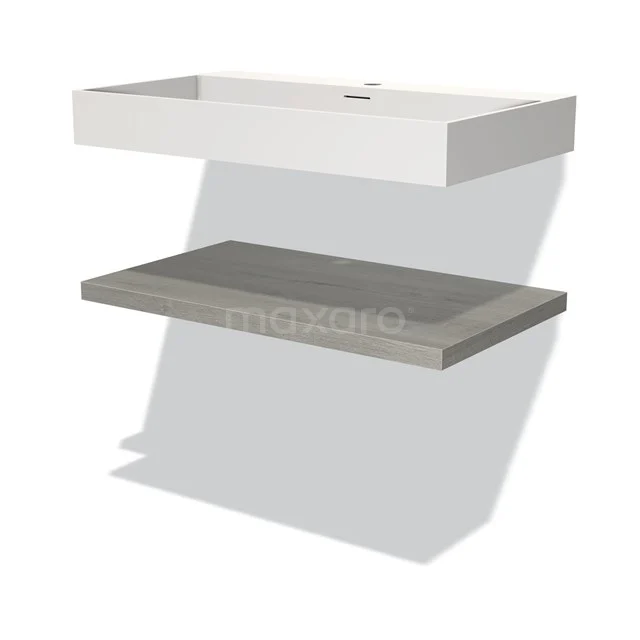 White ceramic basin worktop with clean lines and grey wooden shelf, perfect for a modern bathroom design.