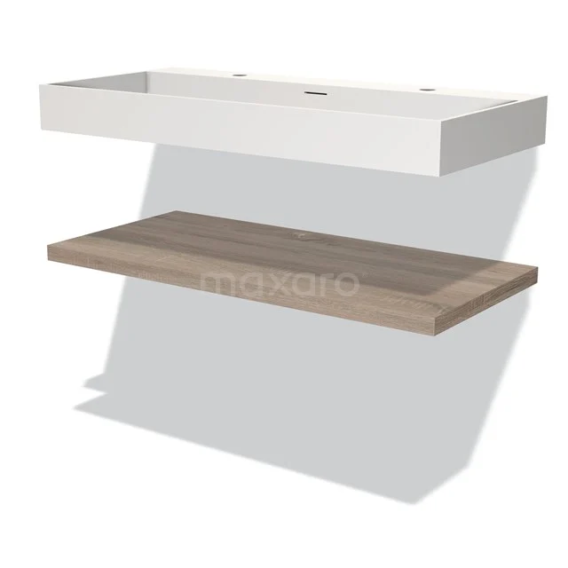 Badmöbel 100 cm Modulo Eiche 1 Waschbecken Top Solid Surface Waschbecken BMW10-00077 Weißes Wandmöbel mit Schublade und Holzregal, ideal als moderner Badezimmer Aufbewahrer. Elegantes Design mit Holzakzenten.